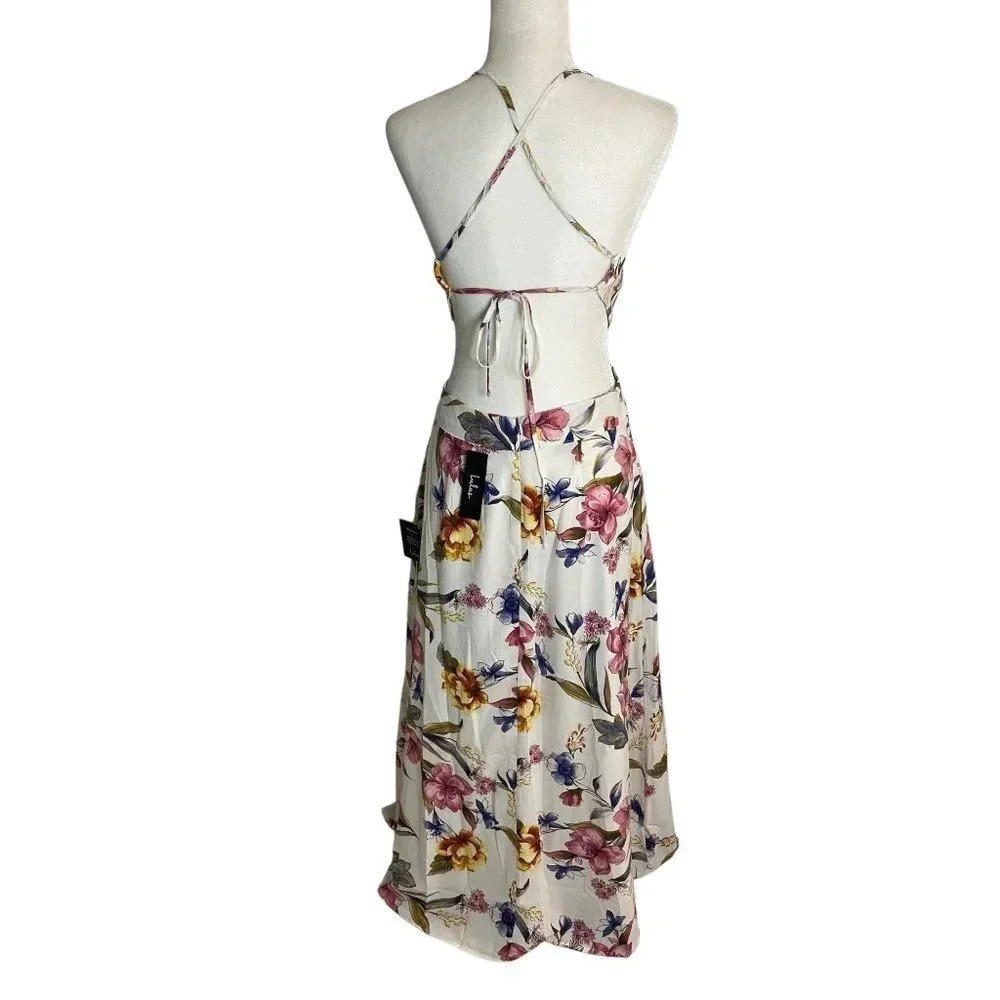 NWT Lulus Blossoming Hours Ivory Floral Keyhole Backless Halter Maxi Dress-sz Me - Picture 6 of 11